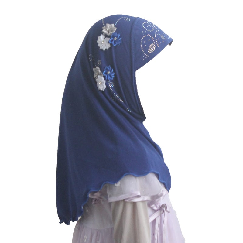 Modest Beauty girls Muslim Islamic Scarf Hijab Handmade flower lovely Rhinestone Headscarf for Kids Blue - Image 3